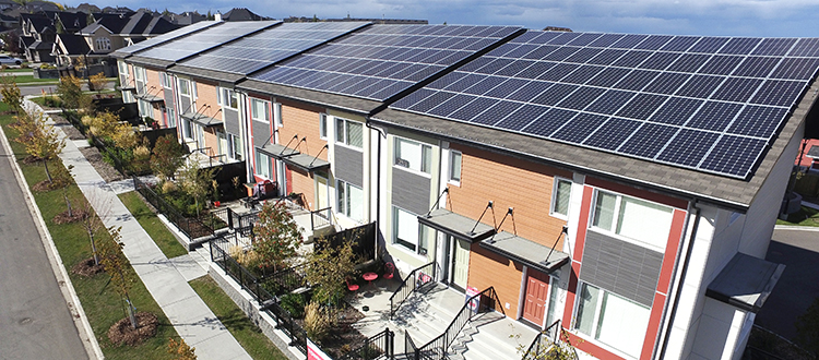 In 2013, Landmark built one of the first net-zero communities in Canada — a 14-unit Edmonton townhome project titled Sparrow Landing at Larch Park. Photo courtesy Landmark Group of Companies.